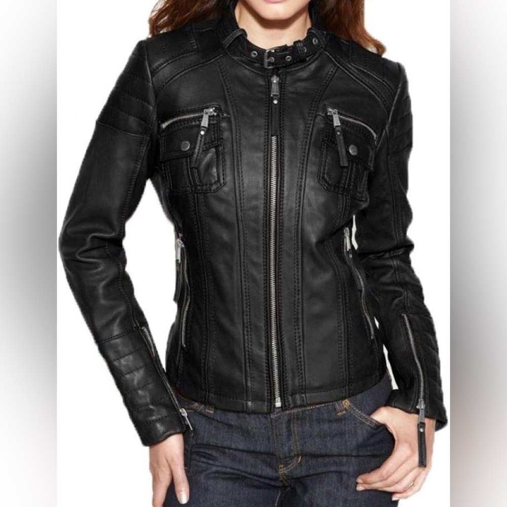 Michael Kors Bomber Biker Motorcycle Genuine Leather Jacket Quilted Trim Size PL - Picture 2 of 16